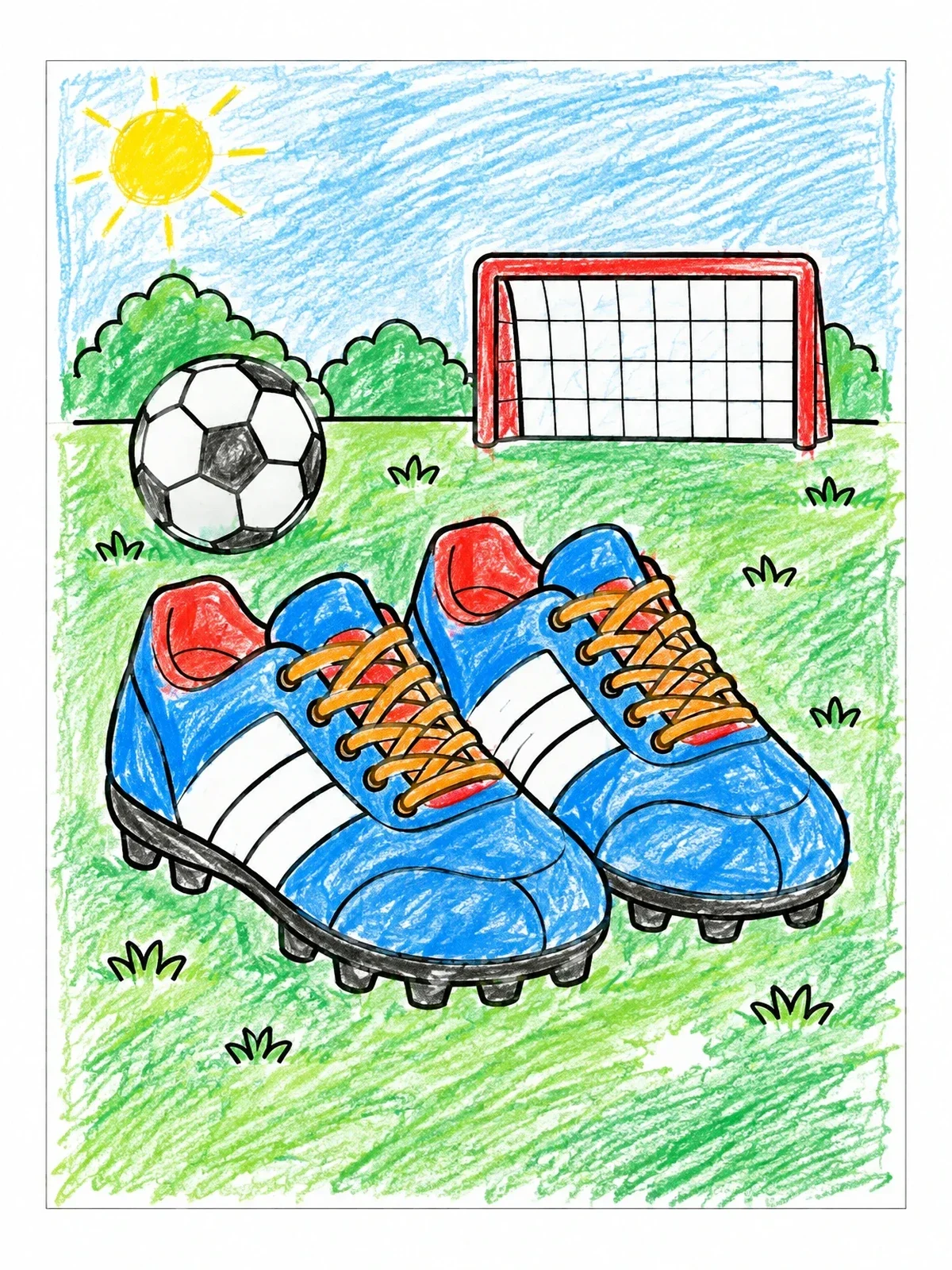 Colored example of the Soccer Cleats And Goal Post coloring page