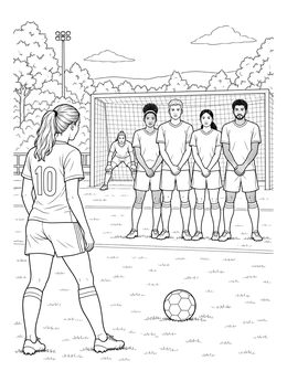 A player prepares for a free kick facing a defensive wall in this soccer coloring page.