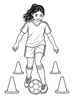 A young girl dribbling a ball between cones in this soccer coloring page.