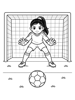 A young girl goalie defends the net in this soccer coloring page.