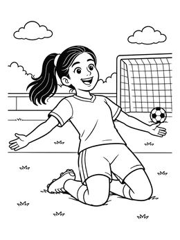 A happy girl celebrating a goal on this soccer coloring page.