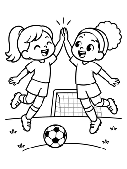 Two happy girls high-fiving in a fun soccer coloring page.