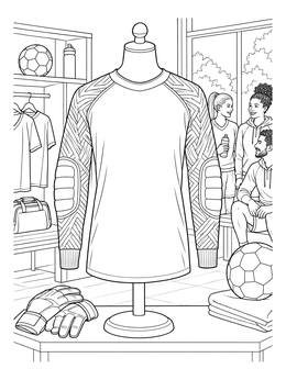 A padded goalkeeper jersey in a locker room setting featured in this soccer coloring page.