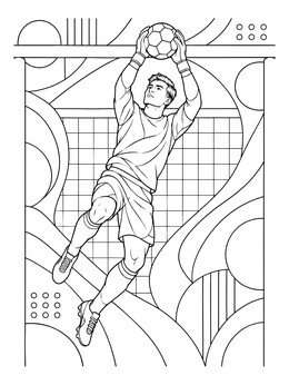 A dynamic soccer coloring page showing a goalkeeper leaping midair to catch the ball near the net.