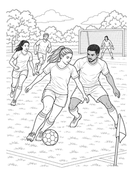 Players duel for the ball near the goal in this soccer coloring page.