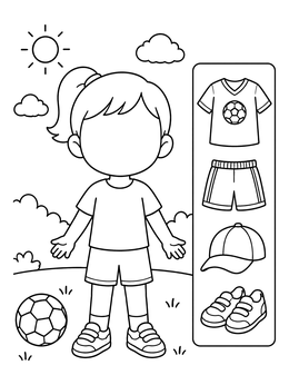 A soccer player character with a blank faces coloring page template and gear options.