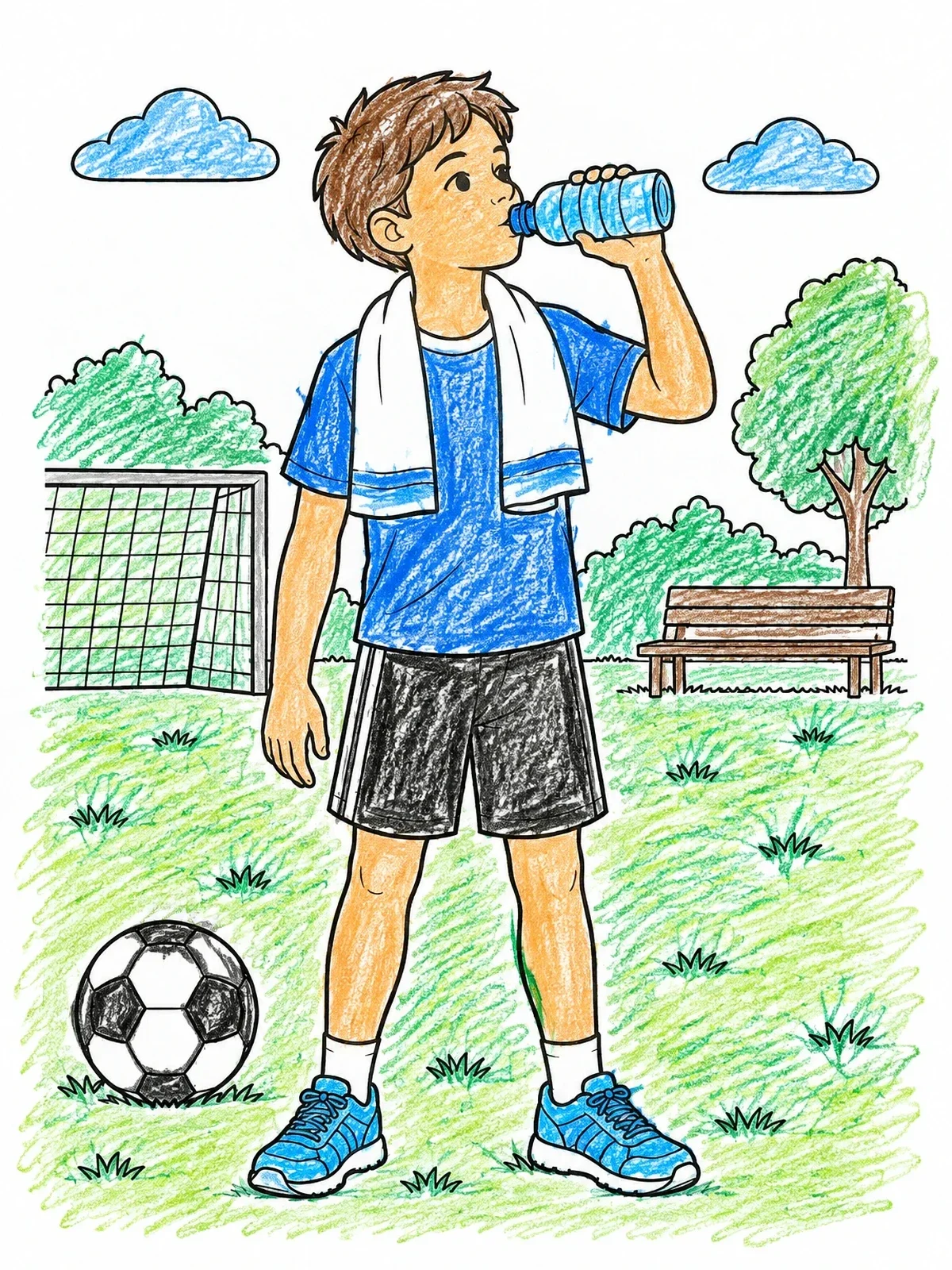 Colored example of the Soccer Player Drinking Water Outdoors coloring page