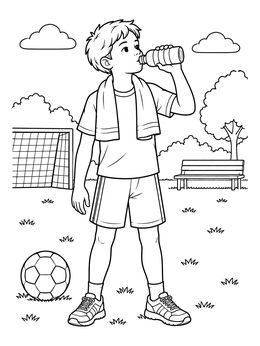 A young soccer player sips from a bottle in this drinking water coloring page.