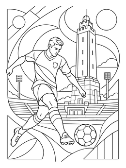 A dynamic uruguay coloring page featuring a soccer player by the historic stadium tower.