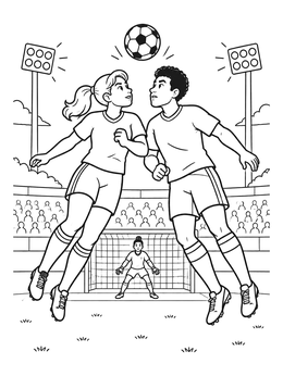 A fun soccer coloring page showing two players jumping for a header in front of a goal.
