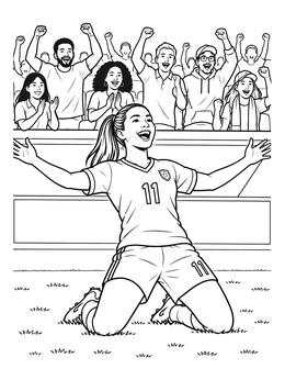 A female striker celebrates in this Barcelona coloring page with cheering stadium fans.