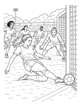 A female soccer player scores on this dynamic soccer coloring page.
