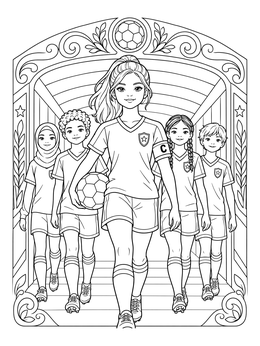 A confident soccer coloring page showing a team captain walking through the tunnel with her players.
