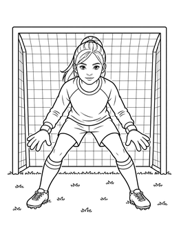 A young female goalkeeper stands ready before the net in this soccer coloring page.