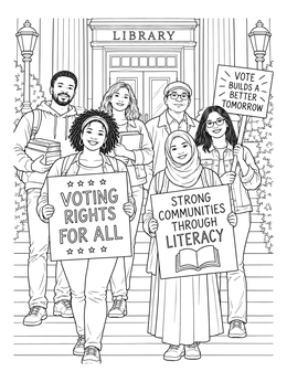 A group gathers on library steps in this social justice coloring page promoting voting and literacy.