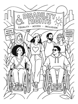 Marchers and wheelchair users advocate for equality in this social justice coloring page.