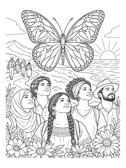A symbolic social justice coloring page showing diverse people looking up at a monarch butterfly.