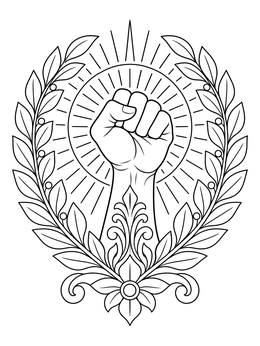A powerful raised fist surrounded by a laurel wreath in this social justice coloring page.