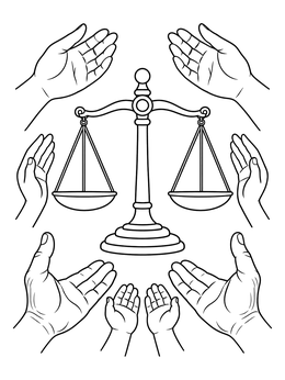 Free printable Scales Of Justice With Diverse Hands coloring page