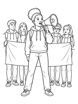 Free printable Students Marching With Megaphone And Banner coloring page