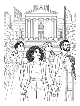 A diverse group stands together before city hall in this social justice coloring page.