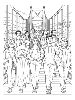 A diverse crowd linking arms on a social justice coloring page.