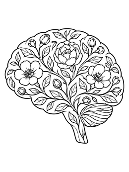 Blooming flowers inside a brain outline on this social work coloring page.