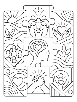 A symbolic social work coloring page featuring interconnected puzzle pieces of mental health and care.