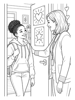 A friendly counselor greets a student at her door in this social work coloring page.