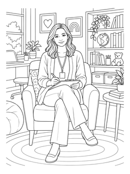 A friendly counselor in an armchair on this social work coloring page.