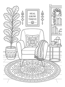 A calming social work coloring page featuring an armchair, mandala rug, and house plants.