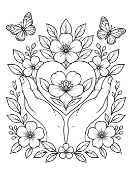 A floral social work coloring page featuring gentle hands holding a blooming heart with butterflies.