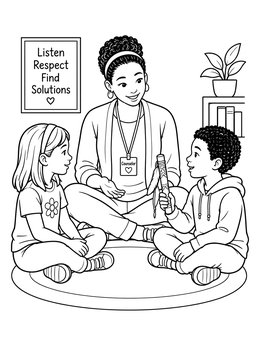 A counselor guides students with a talking stick in this social work coloring page.