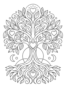 An ornate tree of growth with hearts and leaves on this social work coloring page.