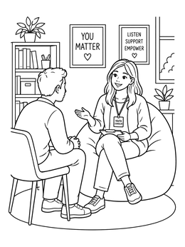 A welcoming counselor talks to a teen in this social work coloring page.