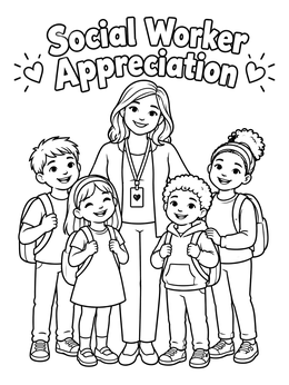 A smiling teacher and school kids on this social work coloring page.