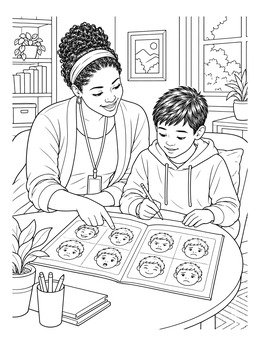 A supportive social work coloring page showing a counselor and child exploring feelings together.