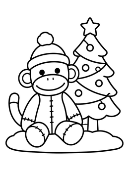 Free printable Sock Monkey By Christmas Tree coloring page
