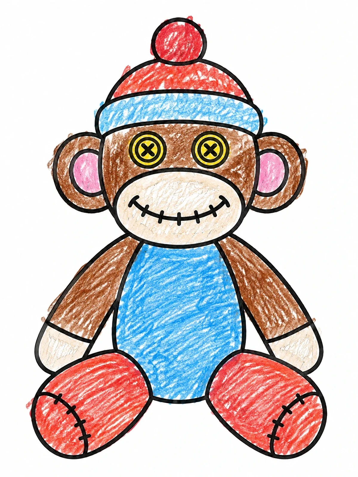 Colored example of the Cute Sitting Sock Monkey Toy coloring page