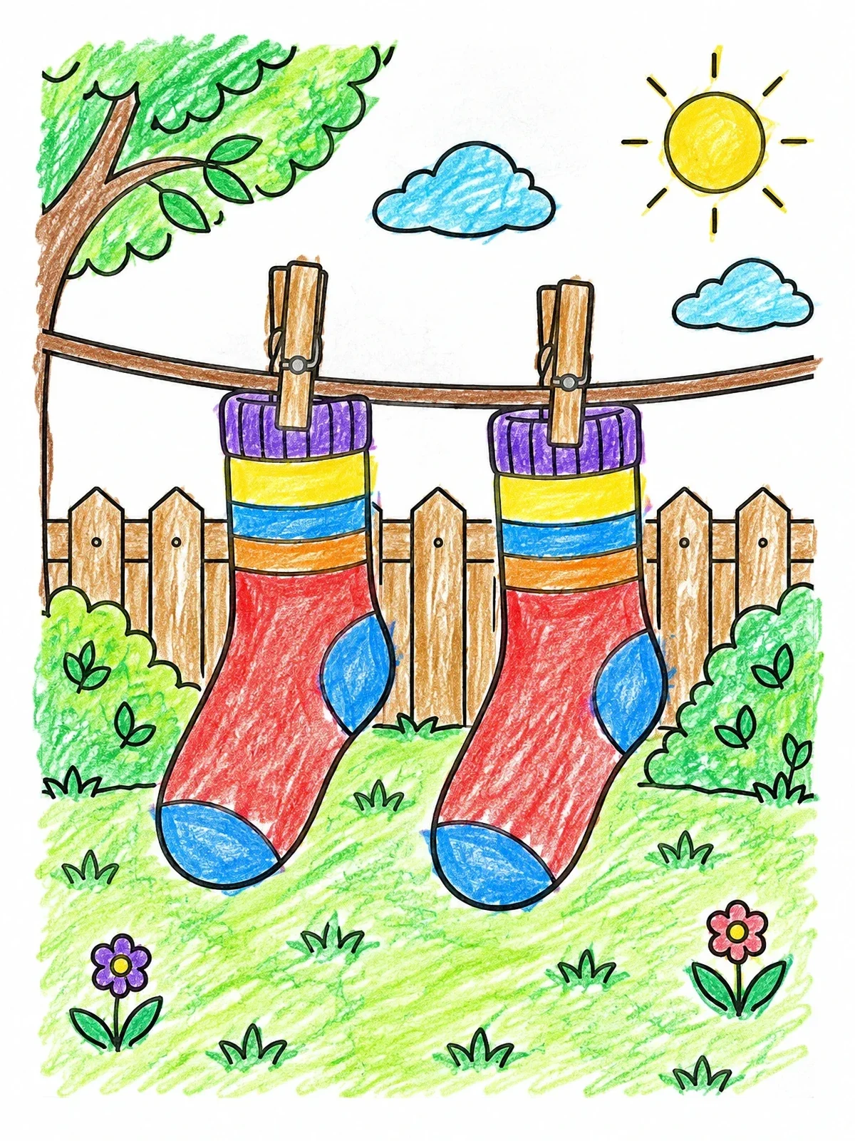 Colored example of the Socks Drying On A Clothesline coloring page