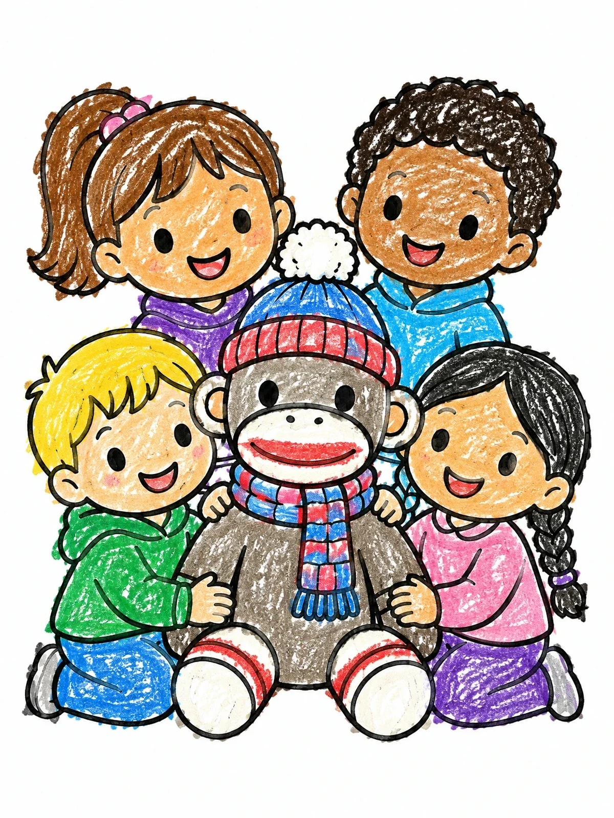 Colored example of the Happy Kids With Sock Monkey coloring page