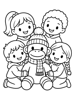 Free printable Happy Kids With Sock Monkey coloring page