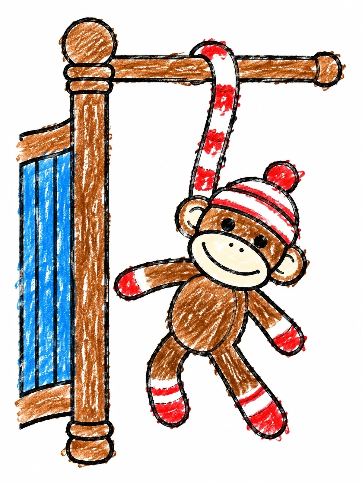Colored example of the Playful Sock Monkey On Bedpost coloring page