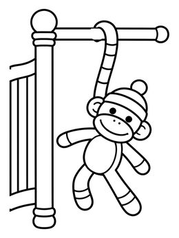 Free printable Playful Sock Monkey On Bedpost coloring page