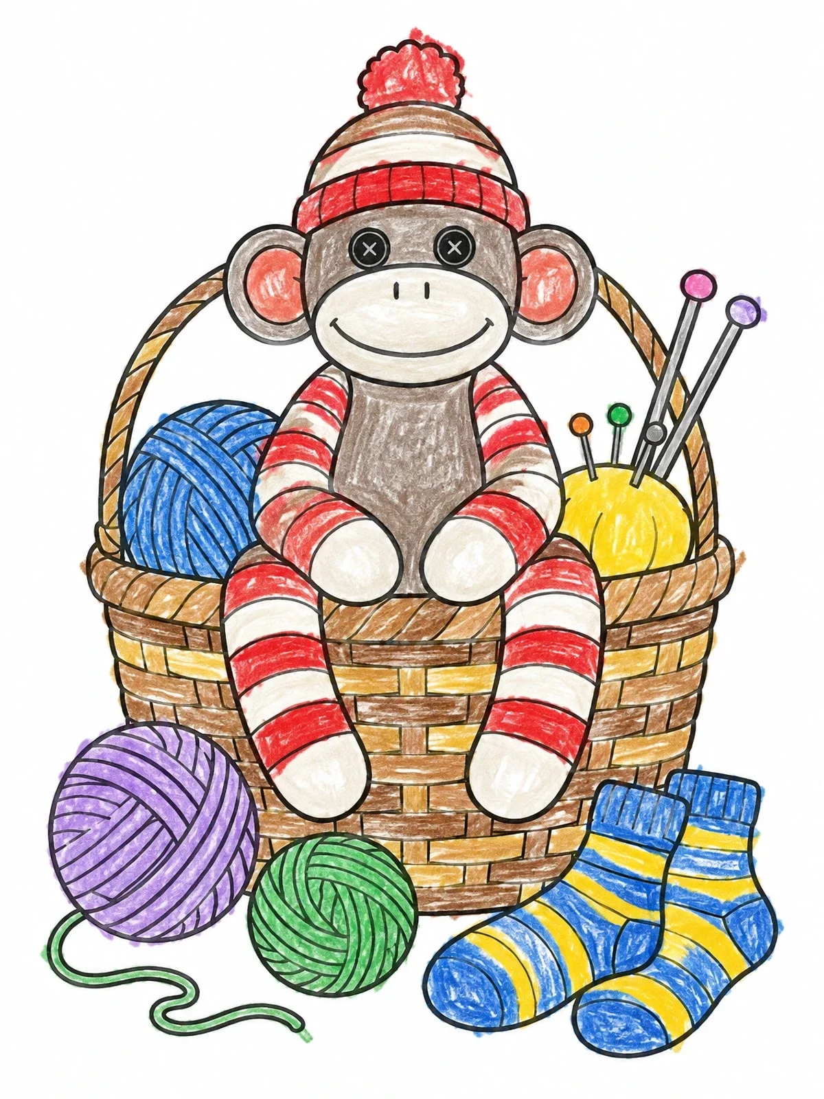 Colored example of the Sock Monkey In Sewing Basket coloring page