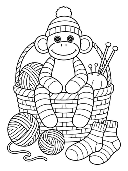 A cute sock monkey sitting in a woven basket on this socks coloring page.