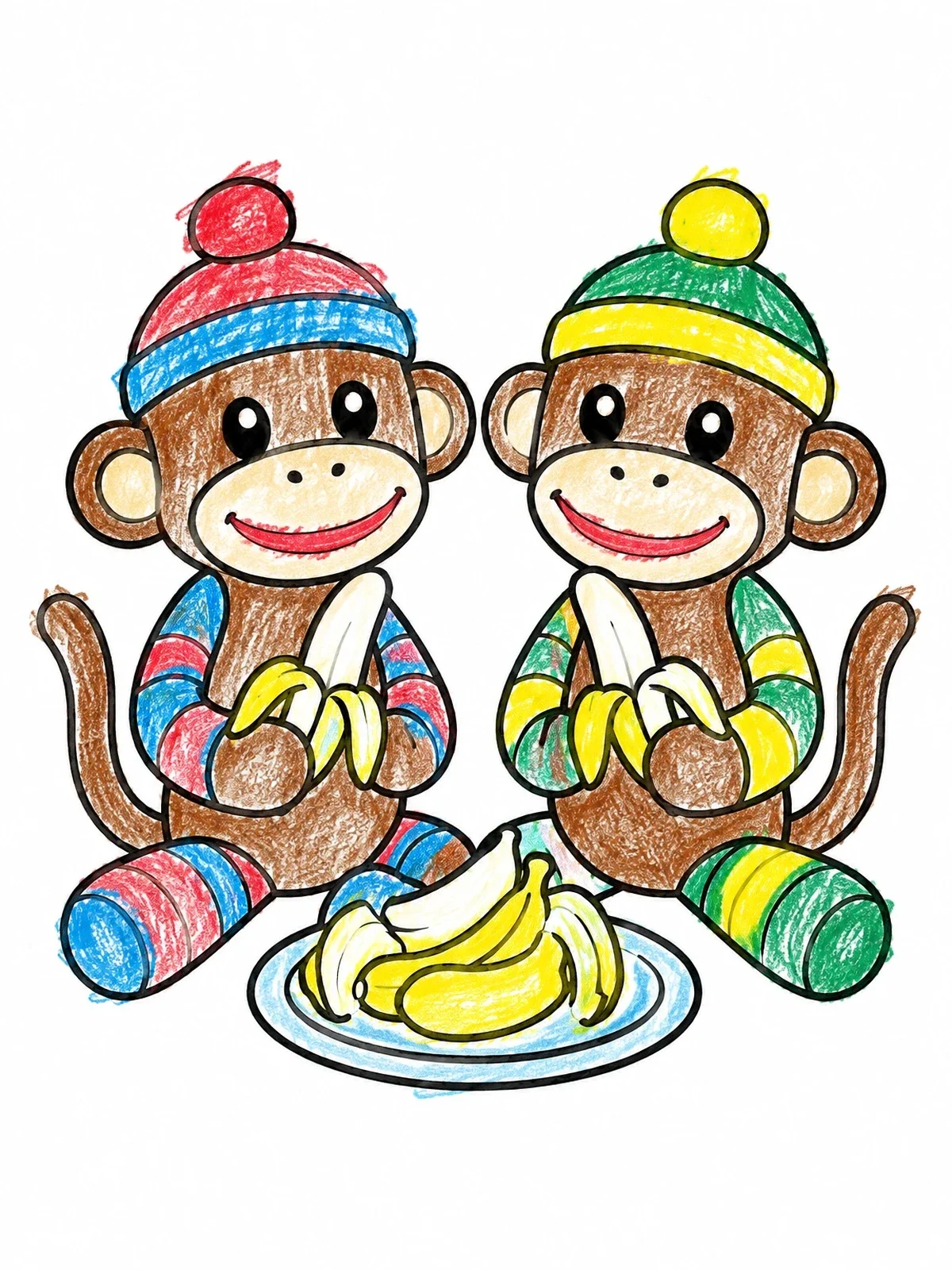Colored example of the Sock Monkeys Eating Bananas coloring page