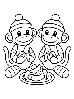 Cute sock monkeys share fruit in this socks coloring page.
