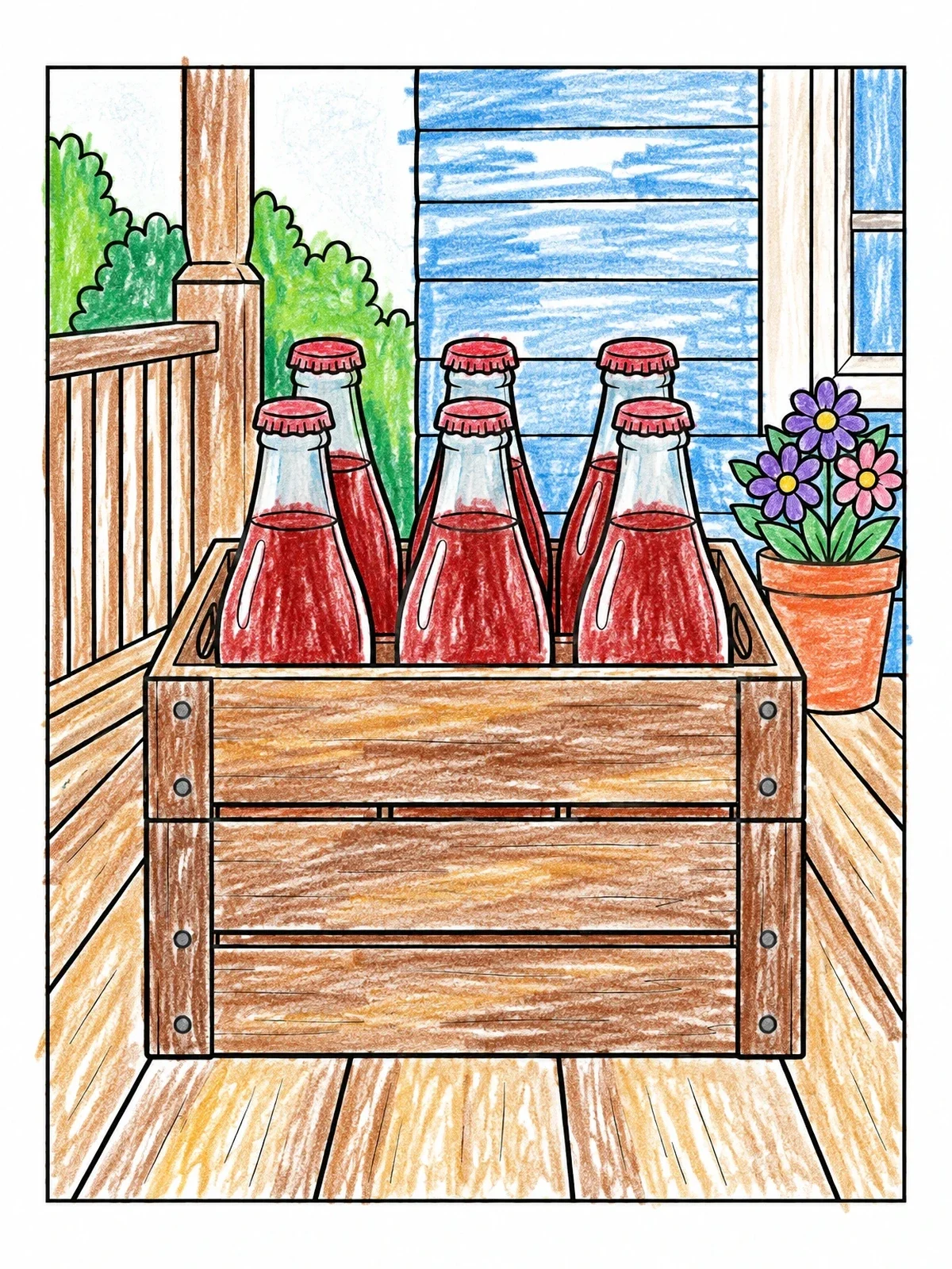 Colored example of the Vintage Soda Bottles In Wooden Crate coloring page