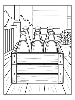 Six glass bottles in a wooden crate on a porch in this soda coloring page.